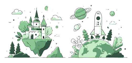 Fantasy Castle and Rocket Illustration in Green Color Palette