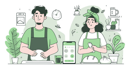 Creative Couple Making Bread in Green Kitchen Vector Cartoon Illustration