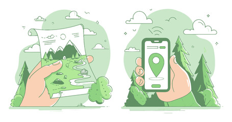 Cartoon Illustration of Hand Holding Map and Smartphone in Nature Scene