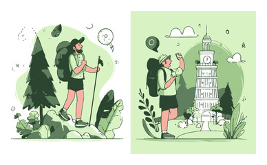 Hiking Adventure Illustration in Vector Style with Modern Cartoon Elements