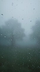 Rainy day view through a rain-covered window, showing blurred trees and a misty landscape.