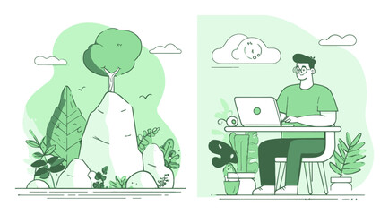 Stylish Vector Illustration of Nature and Working from Home Concept