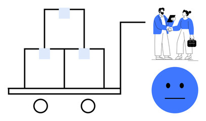 Handcart carrying boxes symbolizing logistics, two professionals shaking hands for collaboration, and a neutral emoticon. Ideal for supply chain, teamwork, trade, business strategy, negotiation