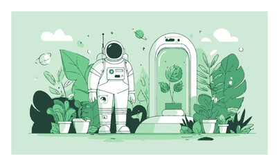 Cartoon Astronaut in a Green Environment with Plants and Technology
