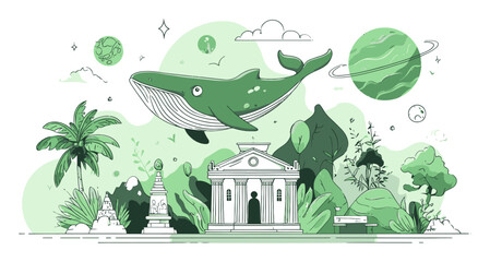 Green Whale Floating Over Tropical Landscape with Planets and Ancient Structures