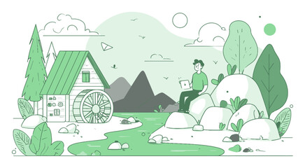 Tranquil Landscape with Cartoon Character Relaxing Near a Watermill