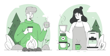 Cozy Outdoor Coffee Moment with People Brewing and Enjoying Beverages