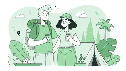 Cartoon Couple Enjoying Nature in Camping Scene with Green Color Palette