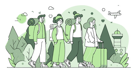 Group of Travelers Walking with Luggage in a Scenic Urban Landscape