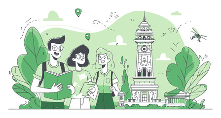 Group of Friends Exploring a City with Map and Iconic Landmark in Background