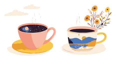 Magical Coffee Cups with Cosmic Themes and Floral Decor in Vector Art