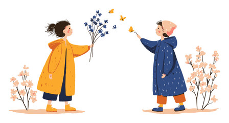 Children Enjoying Nature with Flowers and Butterflies in a Colorful Vector Art