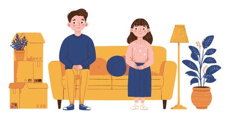 Cozy Living Room Scene with Boy and Girl Sitting on Sofa Surrounded by Plants