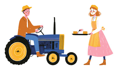 Charming Vector Illustration of Farmers with Tractor and Fresh Pancakes