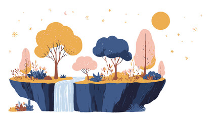 Colorful Flat Design of a Peaceful Fantasy Landscape with Waterfall and Trees