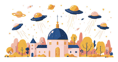Whimsical Vector Illustration of a Fantasy Landscape with UFOs and Planets