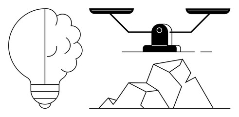Light bulb representing ideas, balance scale symbolizing comparison, and a pile of rocks reflecting resources or raw materials. Ideal for creativity, innovation, decision-making, resource allocation