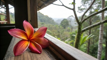 Vibrant Plumeria Flower on Wooden Window Sill in Serene Landscape