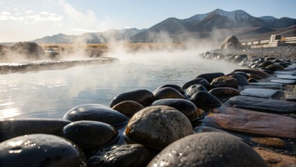 Tranquil Hot Spring with Mist and Rocky Shoreline in Mountain Landscape