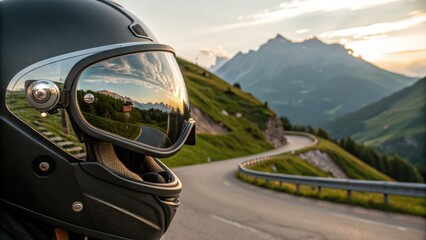Scenic Mountain Road with Motorcycle Rider at Sunset Reflection