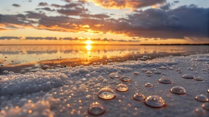 Dewdrops on Salt Flat During Vibrant Sunset Over Calm Water