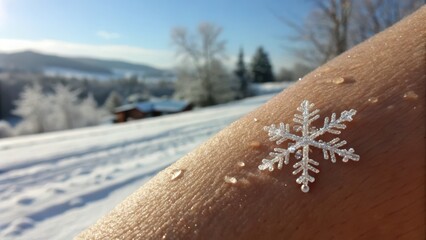 Frosty snowflake resting on skin in winter landscape with snow