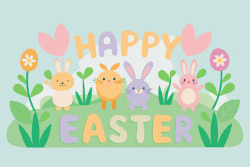 Fototapeta premium Illustration of happy easter with cute bunnies isolated on white background illustration