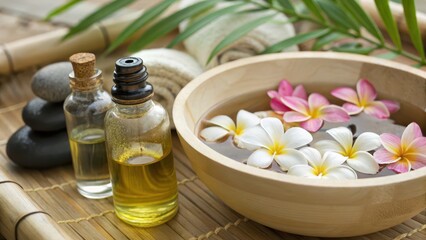 Aromatherapy Setup with Essential Oils and Flower Petals in Bowl