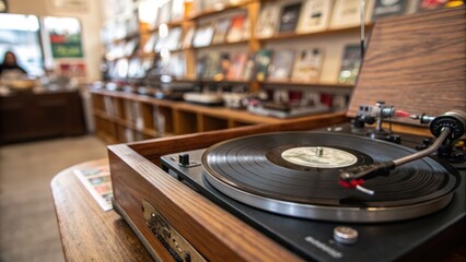 Vintage Turntable in Cozy Record Store with Vinyl Collection Display