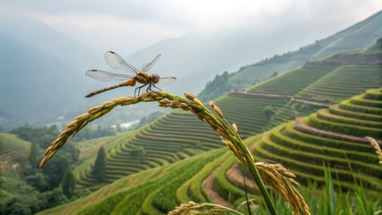 Dragonfly on Rice Plant in Scenic Mountain Rice Terraces