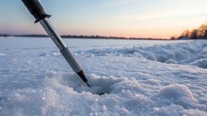 Ice Fishing Scene with Pen Plunged into Snowy Surface at Sunset