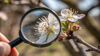 Close-Up Exploration of Blossom Through Magnifying Glass Outdoors