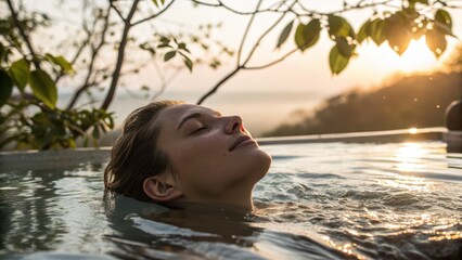 Serene Woman in Relaxing Spa Water During Sunset at Outdoor Retreat