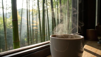Serenity in Nature with Steam Rising from Coffee Near Bamboo Forest