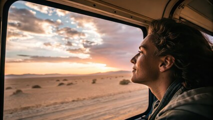 Woman Enjoying Scenic Sunset View from Bus Window in Desert Landscape