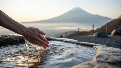 Serene Hand Touching Water with Mt. Fuji in Background at Sunrise