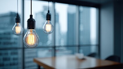 Modern office interior with hanging light bulbs