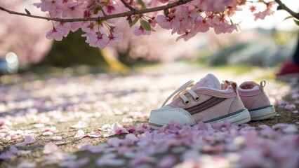 Baby Shoes on Cherry Blossom Path with Pink Petals in Spring