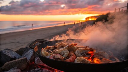 Sunset Beach Barbecue with Grilled Shrimp and Smoky Horizon