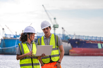 Two engineers wearing safety vests and helmets inspect port operations near the waterfront. They...