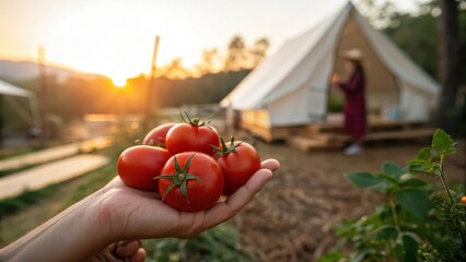 Freshly Harvested Tomatoes at Sunset Near Glamping Tent