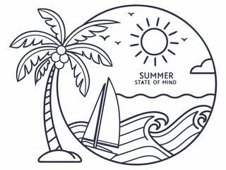Illustration of summer state of mind with palm tree, sea, sun, and boat isolated on white background