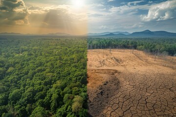 Split landscape showing green forest on one side and dry desert cracked land on the other, powerful climate change contrast.