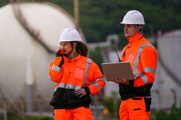 Two engineers in high-visibility safety gear and hard hats discuss project plans on a laptop in...