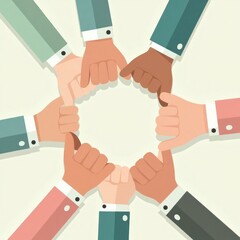 Conceptual illustration of multicultural hands in a circle. A symbol of racial harmony, partnership, and social inclusion.