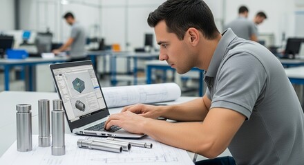 Focused Engineer Working on CAD Design in a Manufacturing Facility