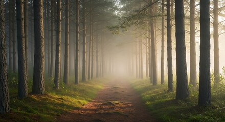 Fototapeta premium A solitary dirt path winds through a misty evergreen forest with morning sunlight creating an ethereal atmosphere.