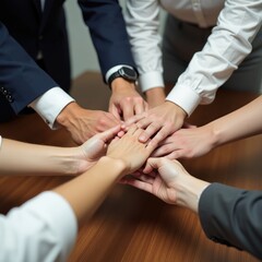 Diverse team of professionals joining hands in a powerful symbol of unity and collaboration in a business setting
