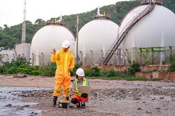 Two environmental engineers in safety gear work at a shoreline near gas storage tanks. One collects water samples, while the other records data on a laptop during site inspection.