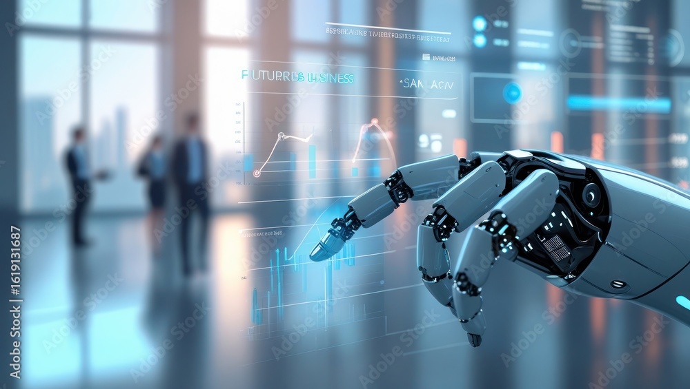 Poster robotic hand touching a futuristic interface with data analytics charts. concept of ai, business aut